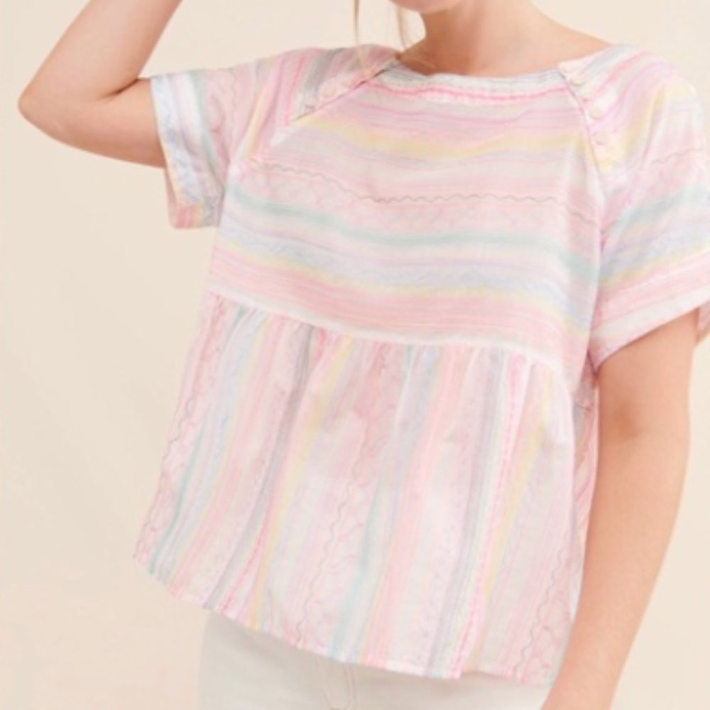 NWT Anthropologie Letty Neon Embroidered Babydoll Top Size M